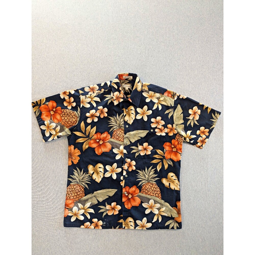 Pierre Cardin Men's M Black Short Sleeve Woven Cotton Hawaiian Floral Button-Up
